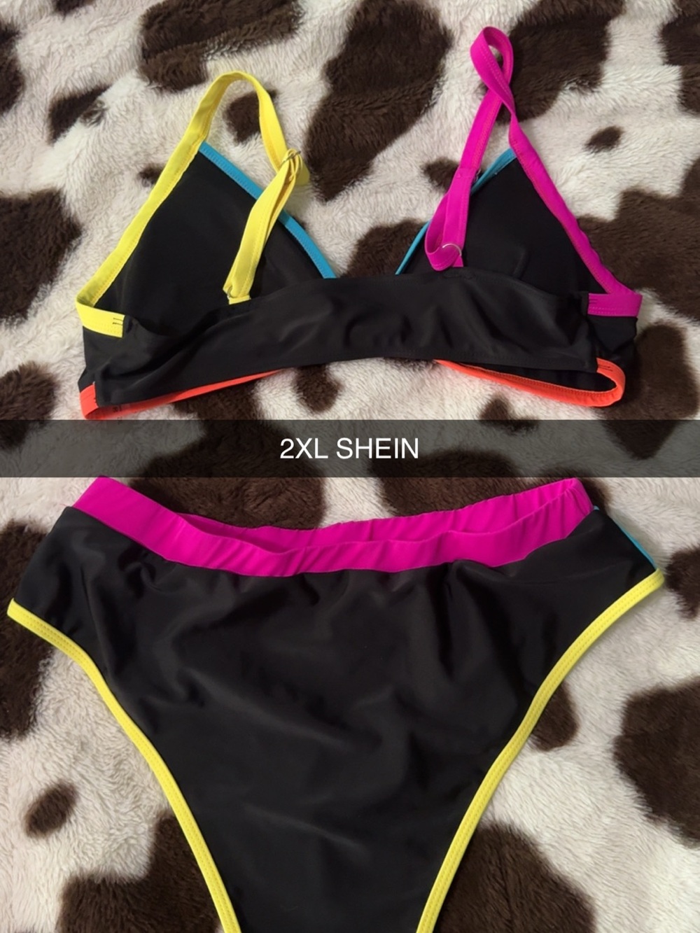 SHEIN Black Bikini Set with Pink, Yellow & Teal Trim